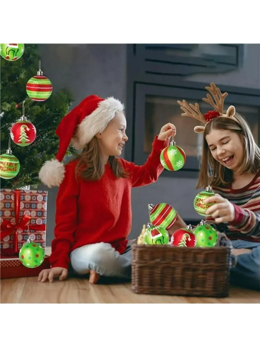 Red Green Glitter Christmas Ball Ornaments Set 12 Shatterproof Tree Decorations